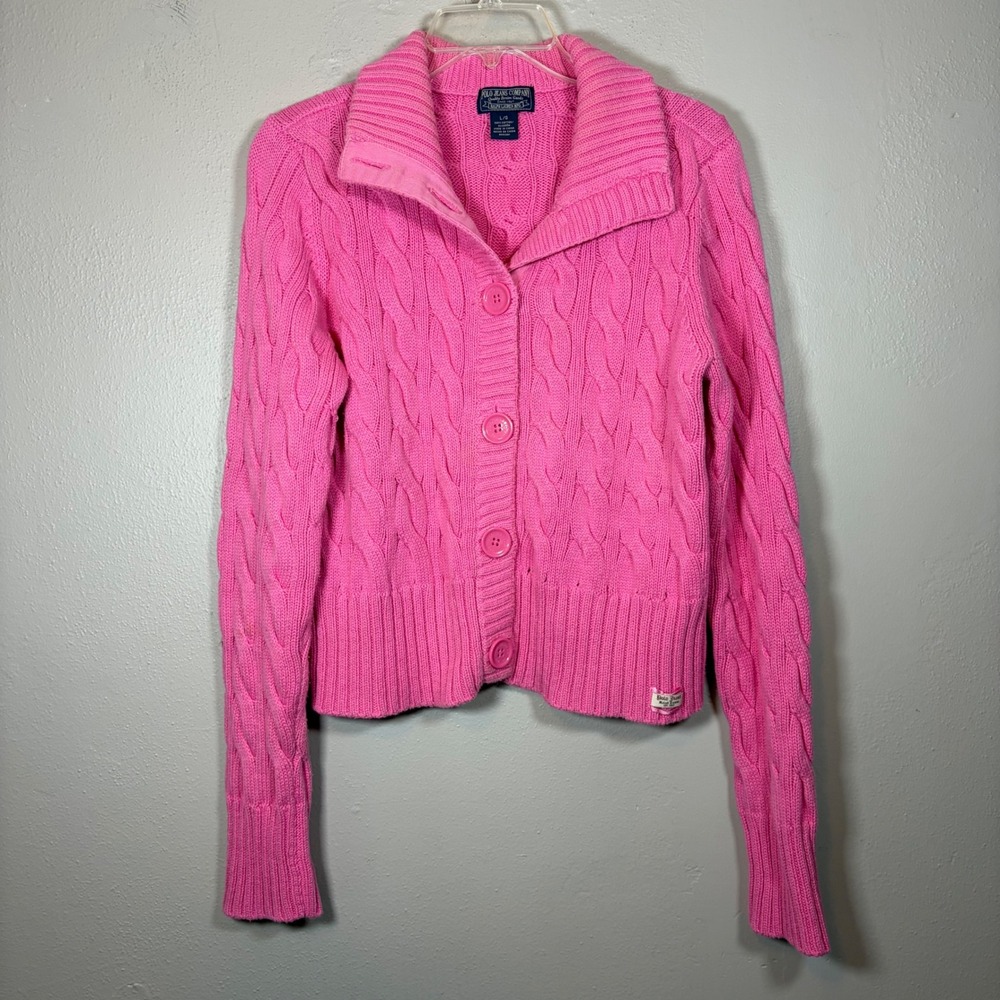 Polo Jeans Co Ralph Lauren Pink Cable Knit Button Front Cardigan Sweater L